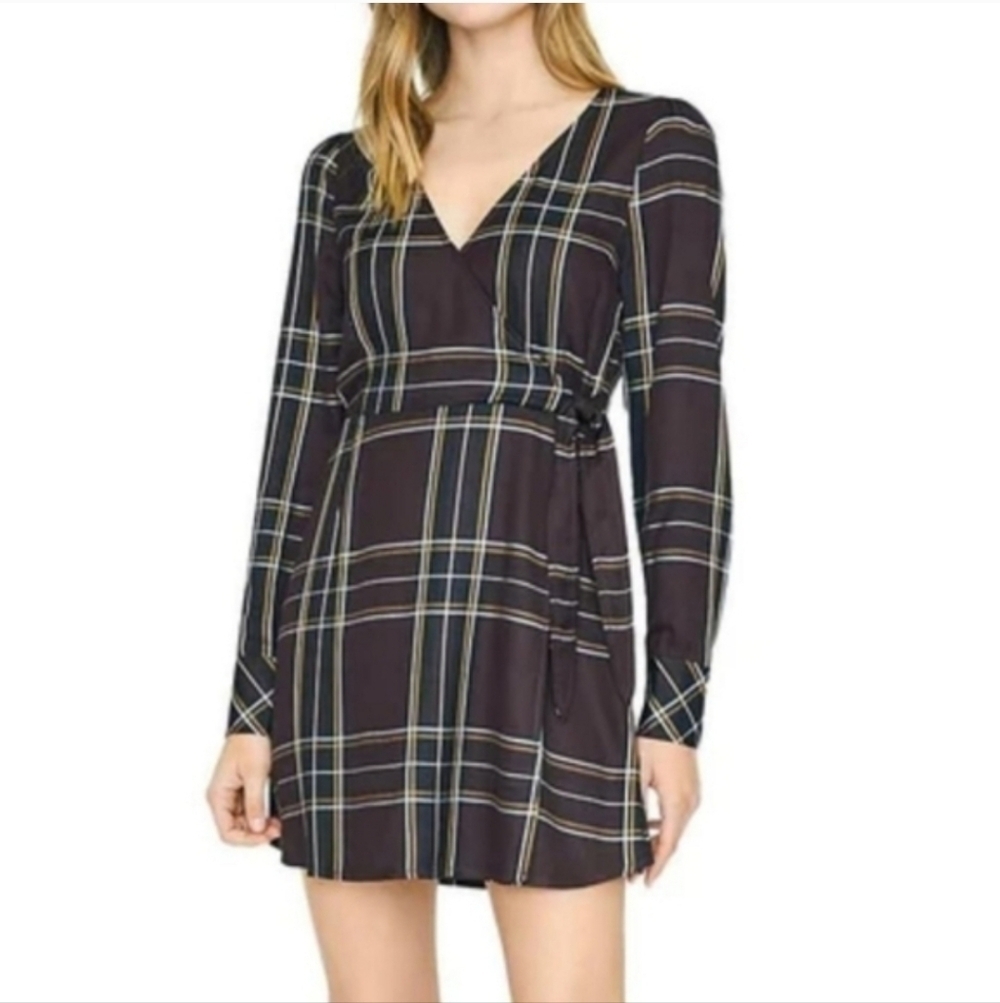 Sanctuary Plaid V-Neck Wrap Dress - Black